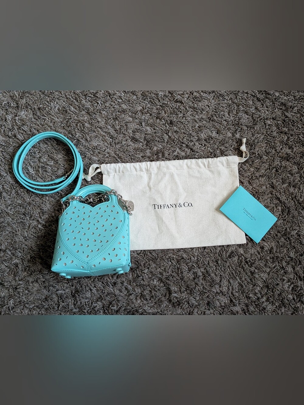 Tiffany & Co Leather Laser-Cut Heart Mini Aqua Blue Hand Crossbody Bag NEW